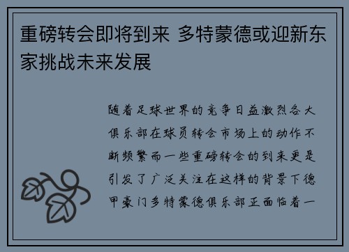 重磅转会即将到来 多特蒙德或迎新东家挑战未来发展