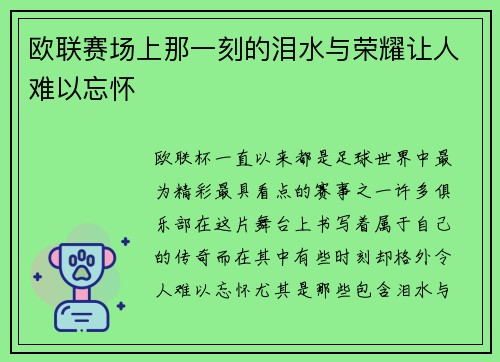 欧联赛场上那一刻的泪水与荣耀让人难以忘怀