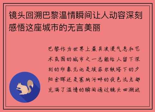 镜头回溯巴黎温情瞬间让人动容深刻感悟这座城市的无言美丽