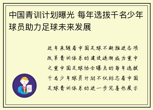 中国青训计划曝光 每年选拔千名少年球员助力足球未来发展 中国青训计划曝光 每年选拔千名少年球员助力足球未来发展